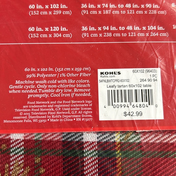 HOLIDAY Tablecloth, Food Network, 60x102, red, green, blue plaid w gold designs - Picture 3 of 3